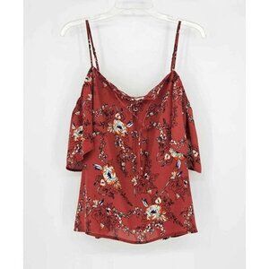 Lily White Adj Spaghetti Strap Cold Shoulder Burnt Orange Floral Top Size Large